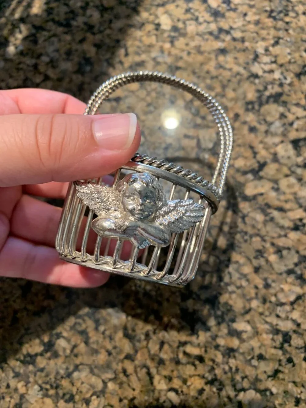 Vintage Department 56 Silver Plated Miniature Wire Basket Angel Cherub Trinket